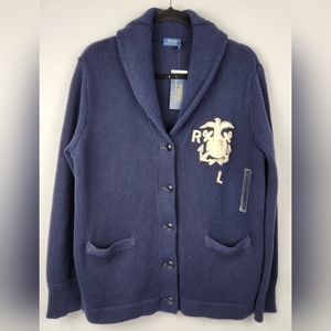 Vtg Ralph Lauren Polo Nautical Patch Cardigan Sweater Jacket Navy Men's Size L